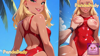 Lifeguard wears Hawaiian flowery clothes, highly gigantic fun bags