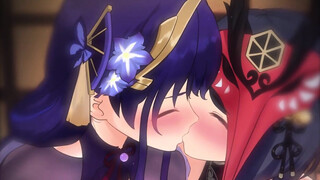 lesbos smooching while providing breastjob