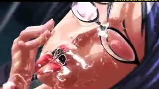 Busty hentai brunette with glasses is sucking a rock hard cock and getting cum all over her face