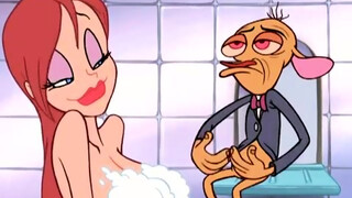 Busty cartoon girls are having a relaxing shower, while Ren and Stimpy are helping them