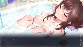 June caresses herself in the bathroom