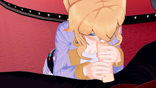 Jean deep throats a big cock, swallows load.