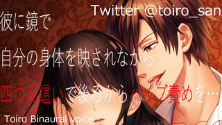 While his body is reflected in the mirror, he crawls on all fours and blames the vibrator from behin