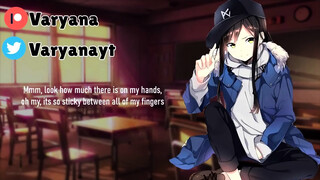 Tomboy gives you a hand in class... [gum chewing] [lotion sounds]