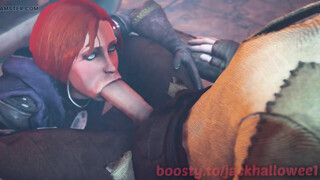 A red-haired girl sucked a knight