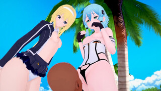 (3D Hentai)(Sword Art Online) Threesome Sinon x Alice x Agil